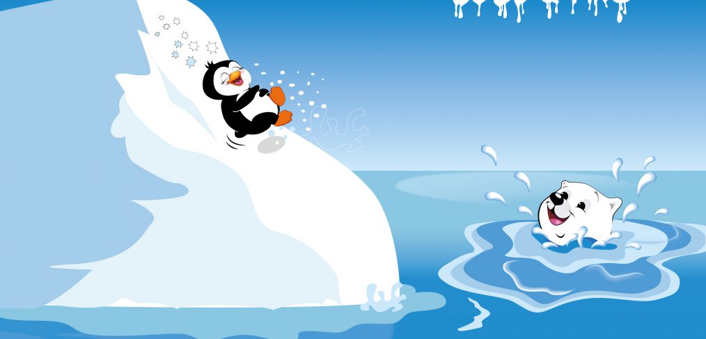 Illustration Eisbär und Pinguin beim Eisbergrutschen für LikeIce Kunsteis Bärenland für Kinder